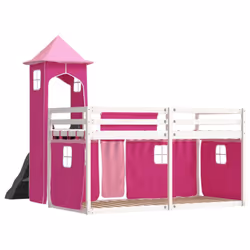vidaXL Bunk Bed with Slide and Curtains Kids Twin Sleeper Bed Pink 90x200 cm - white and pink, 90 x 190 cm - Additional view 9