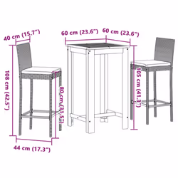 vidaXL Garden Bar Set 3 Piece Chairs Black Solid Wood Acacia and Poly Rattan