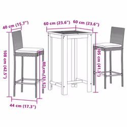 vidaXL Garden Bar Set 3 Piece Chairs Grey Solid Wood Acacia and Poly Rattan