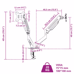 vidaXL Dual Monitor Arm for Max 27 Inch Screen Gas Spring Monitor Stand 20 kg