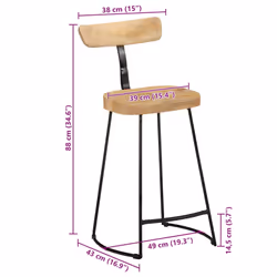 vidaXL Gavin Bar Stools Dining Room Chair Seat Stool Solid Mango Wood 2 pcs - brown and black, 49 x 43 x 88 cm - Additional view 3