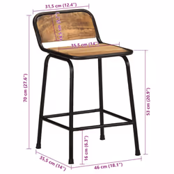 vidaXL Bar Chairs Breakfast Kitchen Seat Dining Room Chair Counter Pub Stool - Solid rough mango wood, iron, 46 x 35.5 x 70 cm/ 4 pcs - Additional view 8