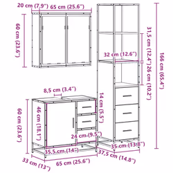 vidaXL 3 Piece Bathroom Furniture Set Black Engineered Wood bathroom cabinet - smoked oak
