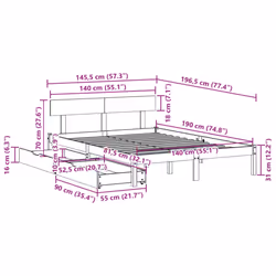 vidaXL Bed Frame with Drawers Home Bed Base White 140x190 cm Solid Wood Pine - Additional view 10