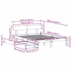 vidaXL Bed Frame with Drawers Bed White 150x200 cm King Size Solid Wood Pine