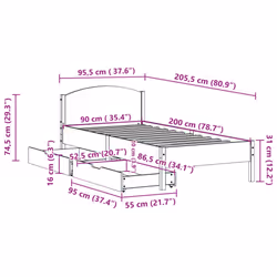 vidaXL Bed Frame with Headboard Bed Base Wax Solid Wood Pine - white, 90 x 200 cm - Additional view 10