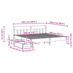 vidaXL Bed Frame with Headboard Bed Base Solid Wood Pine - natural, 200 x 200 cm