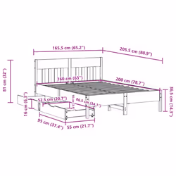 vidaXL Bed Frame with Headboard Bed Base Solid Wood Pine - white, 160 x 200 cm - Additional view 10