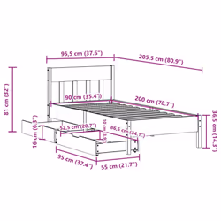 vidaXL Bed Frame with Headboard Bed Base Solid Wood Pine - white, 90 x 200 cm - Additional view 10