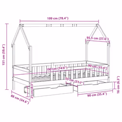 vidaXL Kids Bed Frame with Drawers Wooden Bed Solid Wood Pine - white, 90 x 190 cm - Additional view 3