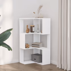 vidaXL Corner Bookcase 3-Tier Corner Bookshelf Corner Rack Engineered Wood - white