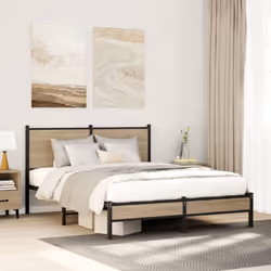 vidaXL Metal Bed Frame with Headboard Bed Base Bedstead Sonoma Oak 137x190 cm