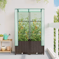 vidaXL Raised Bed with Greenhouse Cover Plant Box Garden Planter Rattan Look - brown, 80 x 40 x 138 cm