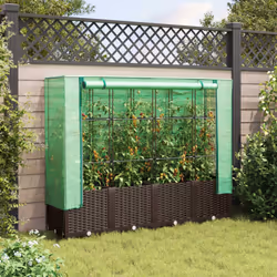 vidaXL Raised Bed with Greenhouse Cover Plant Box Garden Planter Rattan Look - brown, 160 x 40 x 138 cm