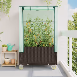 vidaXL Raised Bed with Cover and Wheels Plant Box Garden PlanterÃÂ Rattan Look - brown