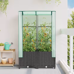 vidaXL Raised Bed with Greenhouse Cover Plant Box Garden Planter Rattan Look - black, 80 x 40 x 138 cm