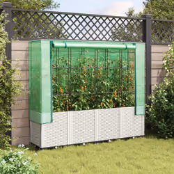 vidaXL Raised Bed with Greenhouse Cover Plant Box Garden Planter Rattan Look - white