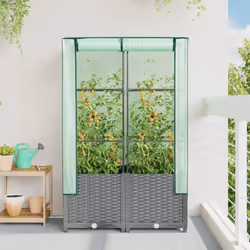 vidaXL Raised Bed with Greenhouse Cover Plant Box Garden Planter Rattan Look - light grey, 80 x 40 x 138 cm - Additional view 2