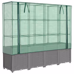 vidaXL Raised Bed with Greenhouse Cover Plant Box Garden Planter Rattan Look - light grey