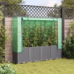vidaXL Raised Bed with Greenhouse Cover Plant Box Garden Planter Rattan Look - light grey