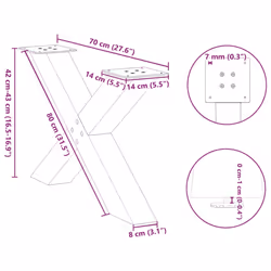 cm (80 mm)/ 2 pcs) vidaXL Dining Table Legs X-Shaped Desk Legs Kitchen Metal Furniture Legs Steel - natural, 70 x (42-43