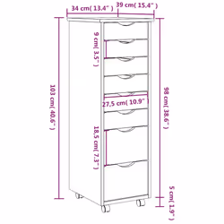 vidaXL Rolling Cabinet with Drawers MOSS Black Solid Wood Pine - honey brown and white, 34 x 39 x 103 cm - Additional view 8