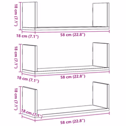 vidaXL Wall Shelves Wall Storage Shelf Floating Shelf 3 pcs Engineered Wood - black, 58 x 18 x 18 cm - Additional view 3