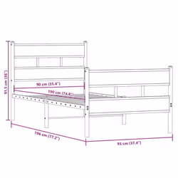 vidaXL Metal Bed Frame without Mattress Bed Base Smoked Oak 90x190 cm Single - Additional view 8