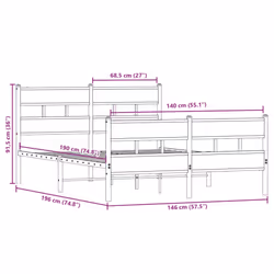 vidaXL Metal Bed Frame without Mattress Home Bed Base Smoked Oak 140x190 cm