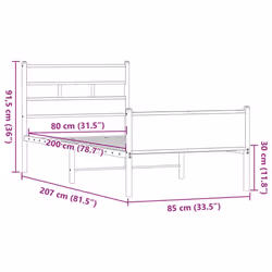 vidaXL Metal Bed Frame without Mattress Bed Base Bedstead Entertainment Centre - brown oak, 80 x 200 cm/ with headboard & high footboard - Additional view 8