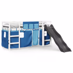 vidaXL Kids' Loft Bed with Curtains Kids Bed Frame Bunk Bed Solid Wood Pine - white and blue, 80 x 200 cm