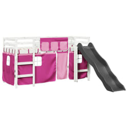 vidaXL Kids' Loft Bed with Curtains Kids Bed Frame Bunk Bed Solid Wood Pine - white and pink, 80 x 200 cm