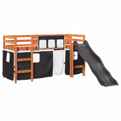 vidaXL Kids' Loft Bed with Curtains Kids Bed Frame Bunk Bed Solid Wood Pine - brown and black, 80 x 200 cm