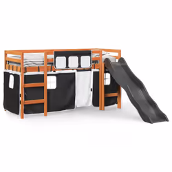 vidaXL Kids' Loft Bed with Curtains Kids Bed Frame Bunk Bed Solid Wood Pine - brown and black, 80 x 200 cm