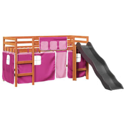 vidaXL Kids' Loft Bed with Curtains Kids Bed Frame Bunk Bed Solid Wood Pine - brown and pink, 80 x 200 cm