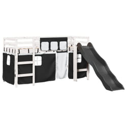 vidaXL Kids' Loft Bed with Curtains Kids Bed Frame Bunk Bed Solid Wood Pine - white and black, 90 x 200 cm