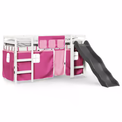 vidaXL Kids' Loft Bed with Curtains Kids Bed Frame Bunk Bed Solid Wood Pine - white and pink, 90 x 200 cm