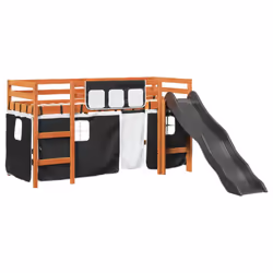 vidaXL Kids' Loft Bed with Curtains Kids Bed Frame Bunk Bed Solid Wood Pine - brown and black, 90 x 200 cm