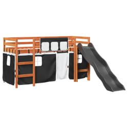 vidaXL Kids' Loft Bed with Curtains Kids Bed Frame Bunk Bed Solid Wood Pine - brown and black, 90 x 200 cm