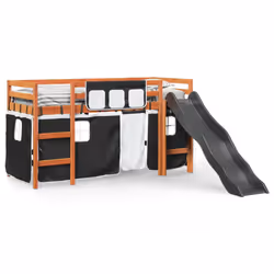 vidaXL Kids' Loft Bed with Curtains Kids Bed Frame Bunk Bed Solid Wood Pine - brown and black, 90 x 200 cm