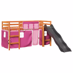 vidaXL Kids' Loft Bed with Curtains Kids Bed Frame Bunk Bed Solid Wood Pine - brown and pink, 90 x 200 cm