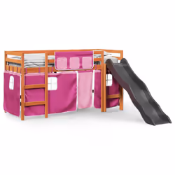 vidaXL Kids' Loft Bed with Curtains Kids Bed Frame Bunk Bed Solid Wood Pine - brown and pink, 90 x 200 cm