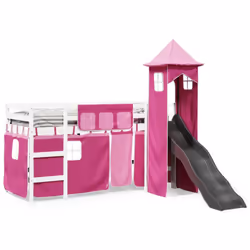 vidaXL Kids' Loft Bed with Tower Children Bed Frame Bunk Bed Solid Wood Pine - white and pink, 80 x 200 cm