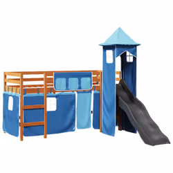 vidaXL Kids' Loft Bed with Tower Children Bed Frame Bunk Bed Solid Wood Pine - brown and blue, 80 x 200 cm