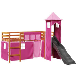 vidaXL Kids' Loft Bed with Tower Children Bed Frame Bunk Bed Solid Wood Pine - brown and pink, 80 x 200 cm