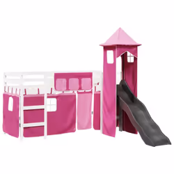 vidaXL Kids' Loft Bed with Tower Children Bed Frame Bunk Bed Solid Wood Pine - white and pink, 90 x 200 cm
