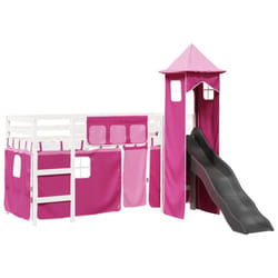 vidaXL Kids' Loft Bed with Tower Children Bed Frame Bunk Bed Solid Wood Pine - white and pink, 90 x 200 cm