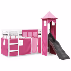 vidaXL Kids' Loft Bed with Tower Children Bed Frame Bunk Bed Solid Wood Pine - white and pink, 90 x 200 cm