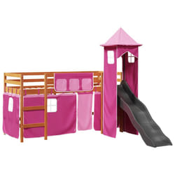 vidaXL Kids' Loft Bed with Tower Children Bed Frame Bunk Bed Solid Wood Pine - brown and pink, 90 x 200 cm