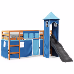 vidaXL Kids' Loft Bed with Tower Children Bed Frame Bunk Bed Solid Wood Pine - brown and blue, 90 x 190 cm